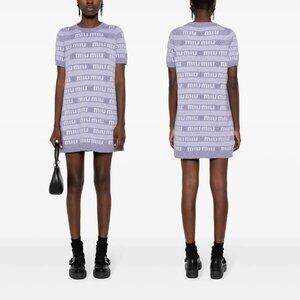 NWT Miu Miu Logo Intarsia Knit Shift Mini Dress Purple Cashmere Crew Neck Sz 38